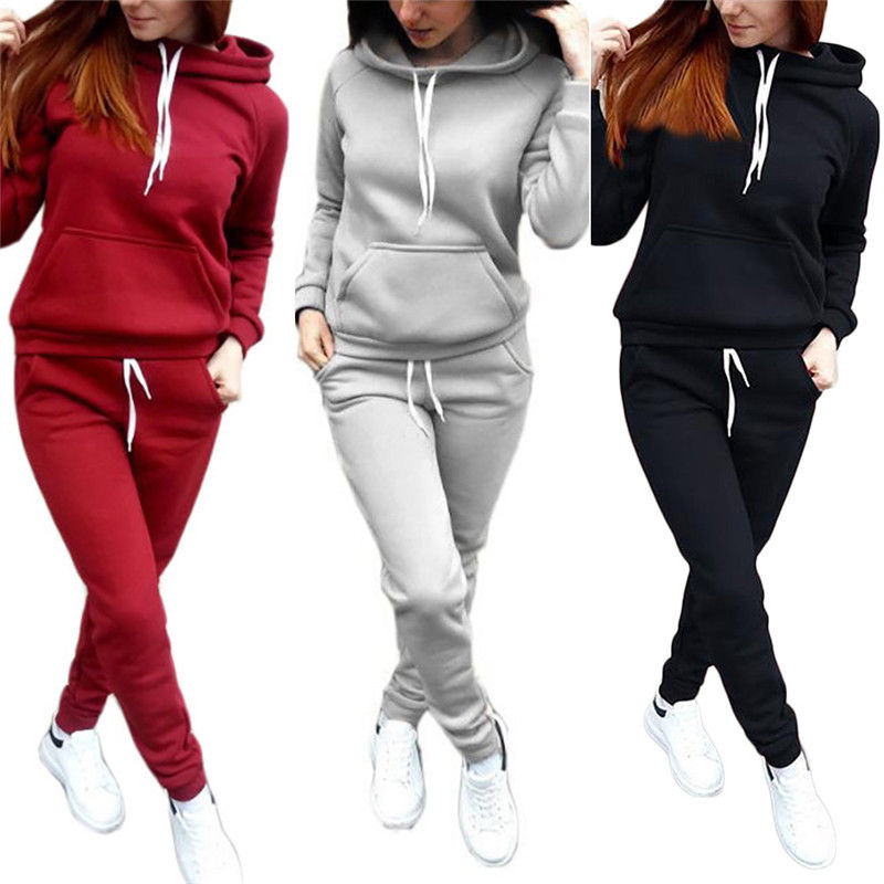 Solide Frauen Trainingsanzug Casual Hoodies Sweatshirt Hose Set Lounge Tragen Sport Anzug 2PCS Herbst Winter Kleidung