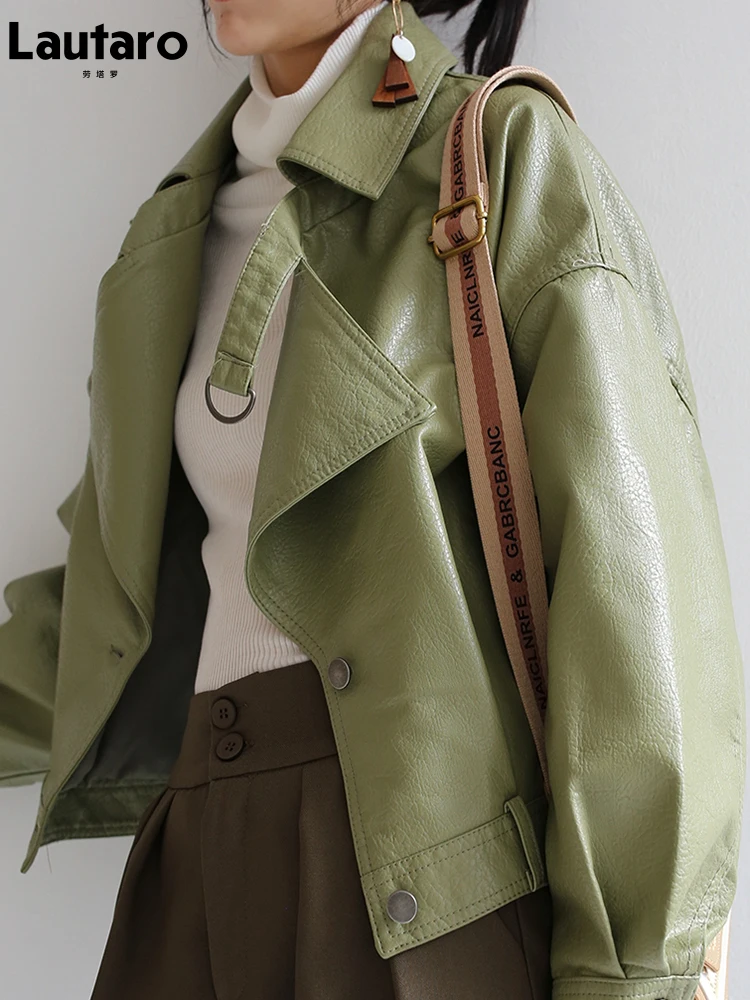 Lautaro Frühling Luxus Lose Grün Schwarz Weiche Faux Leder Jacken für Frauen Stilvolle Mode Hohe Qualität Designer Herbst Kleidung