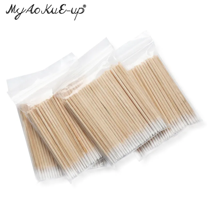 300 ชิ้นทิ้งขนาดเล็กผ้าฝ้าย Swab Lint ฟรี Micro แปรงไม้ Cotton Buds Swabs Eyelash Extension กาวถอดเครื่องมือ