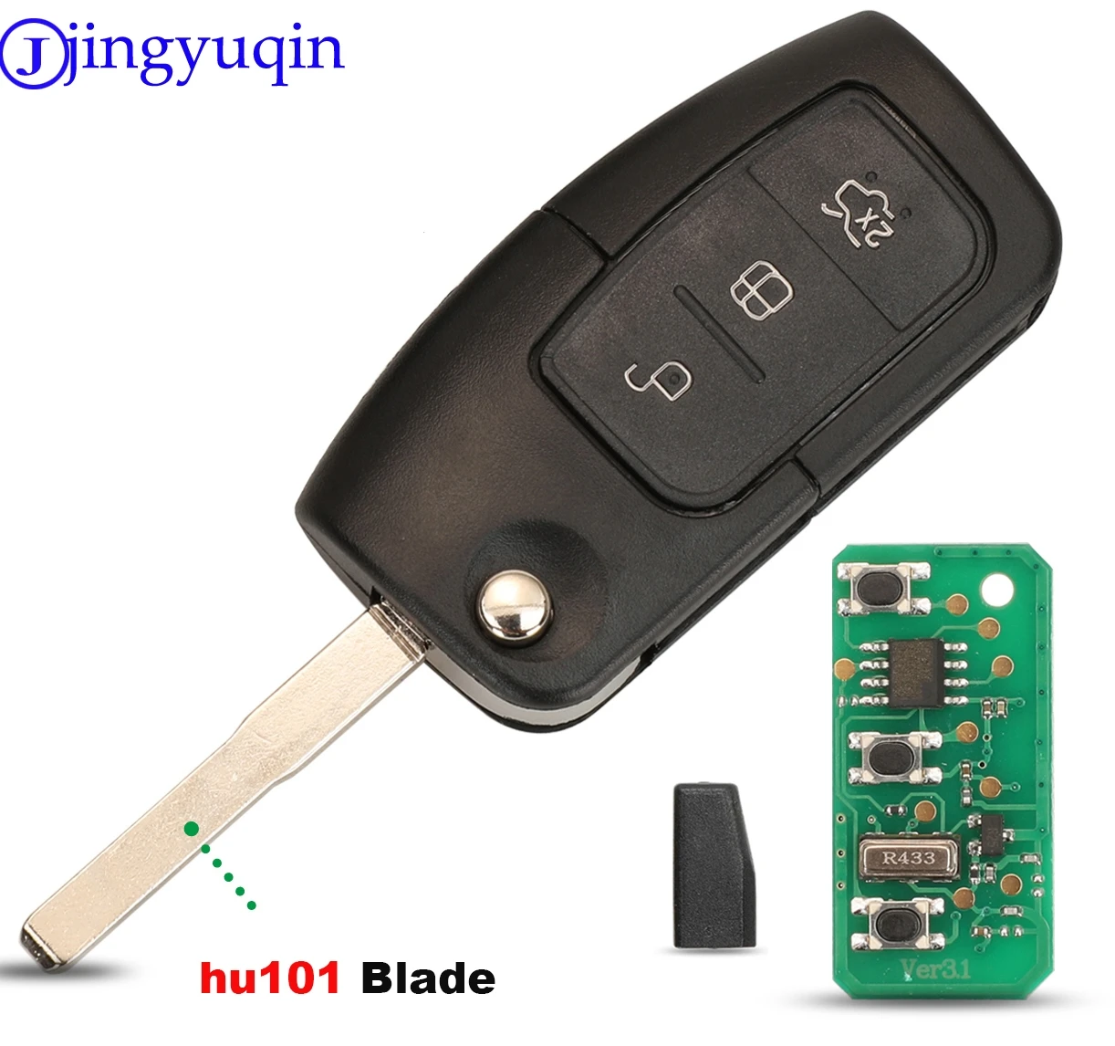 Jingyuqin chave remota do carro fob como 433mhz para ford fiesta focus 2 ecosport kuga escape c max ka fob hu101/fo21 3 botões