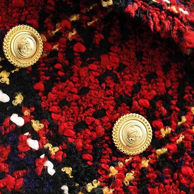 Tweed Nữ Kẻ Sọc Đỏ Áo Cộc Tay Mùa Đông 2021 Thời Trang Nữ Vintage Áo Khoác Nữ Miếng Dán Cường Lực Áo Áo Khoác Bé Gái Sang Trọng Bộ Trang Phục Quần Áo