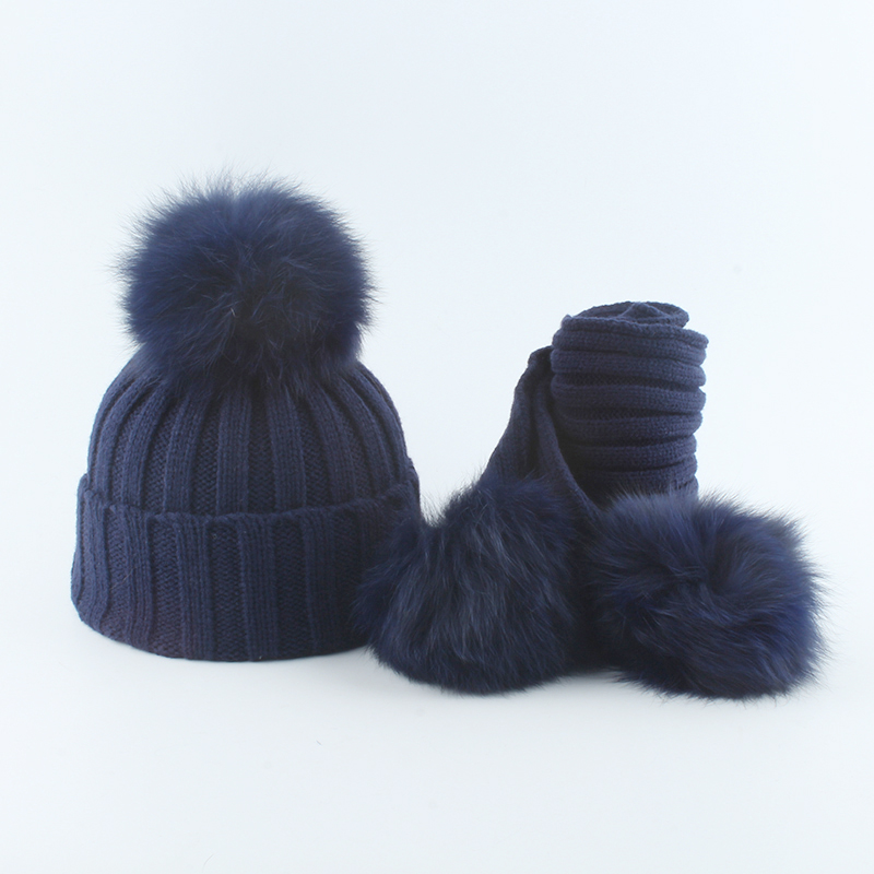 Chapéu e cachecol de inverno para bebês, chapéu e cachecol para meninas, meninos, crianças, pele de raposa real, gorro de tricô, 3 peças, chapéu pom pom