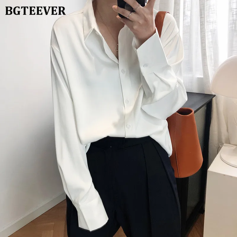 BBTEEVER 2020 세련된 여성 새틴 셔츠, 긴팔 단색 턴다운 칼라, 우아한 사무실 여성 작업복 블라우스, 신상