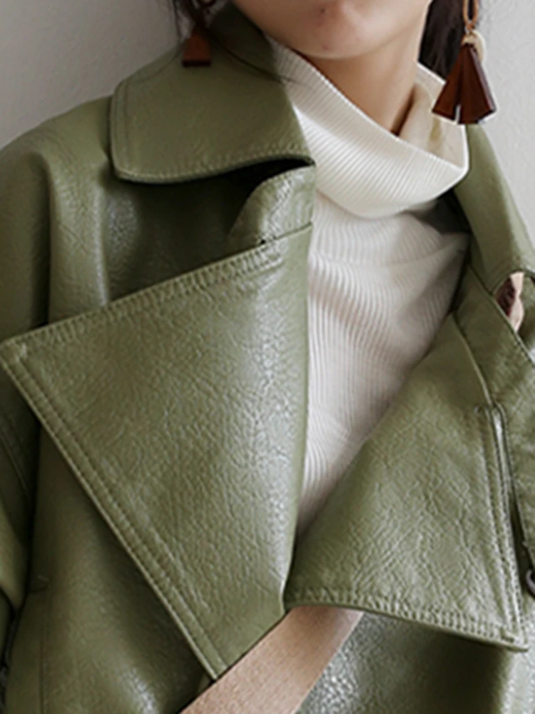 Lautaro Frühling Luxus Lose Grün Schwarz Weiche Faux Leder Jacken für Frauen Stilvolle Mode Hohe Qualität Designer Herbst Kleidung