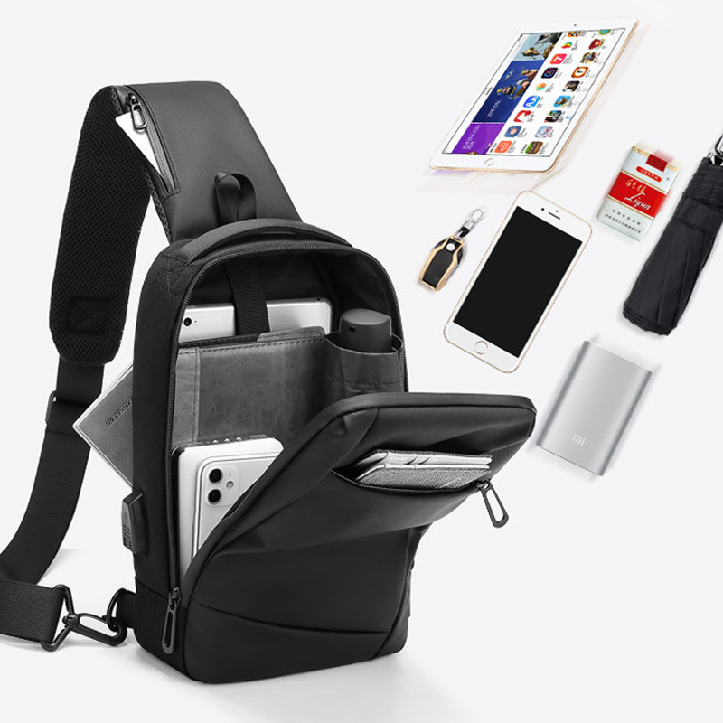 Ozuko-メンズ防水バッグ,USB充電付きメンズバッグ,チェストバッグ,トラベルバッグ,大容量ショルダーバッグ,黒