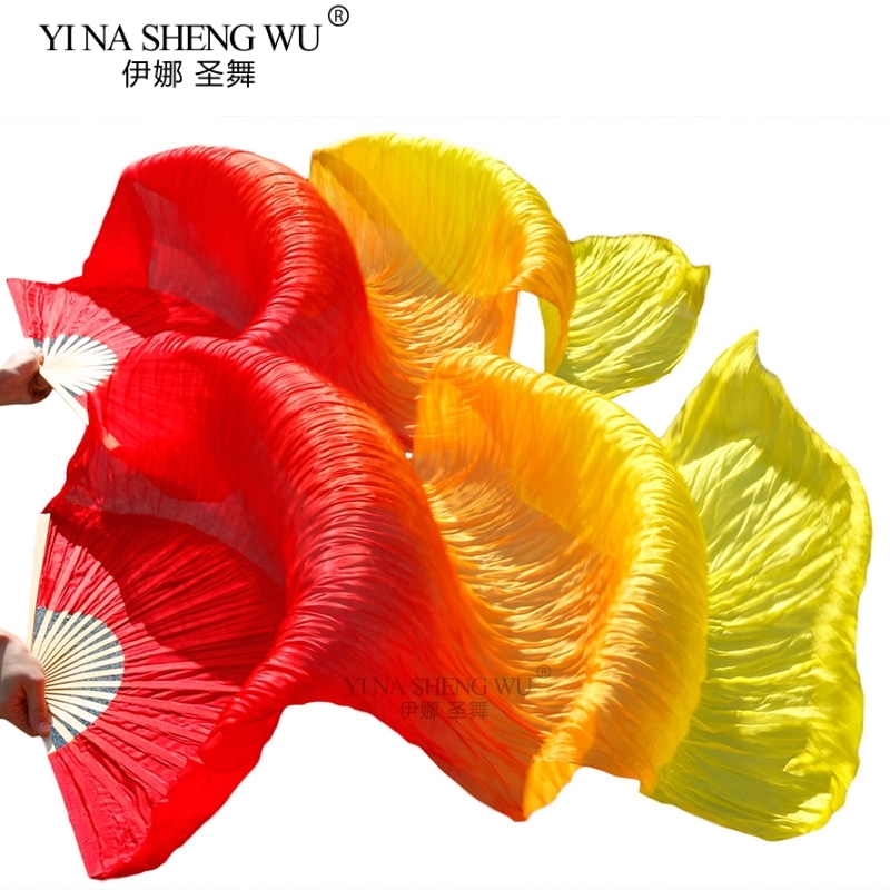 뜨거운 판매 아이 여성 밸리 댄스 팬 1 쌍 그라디언트 색상 댄서 연습 긴 모조 실크 팬 150/180x90cm 레이온 실크 팬