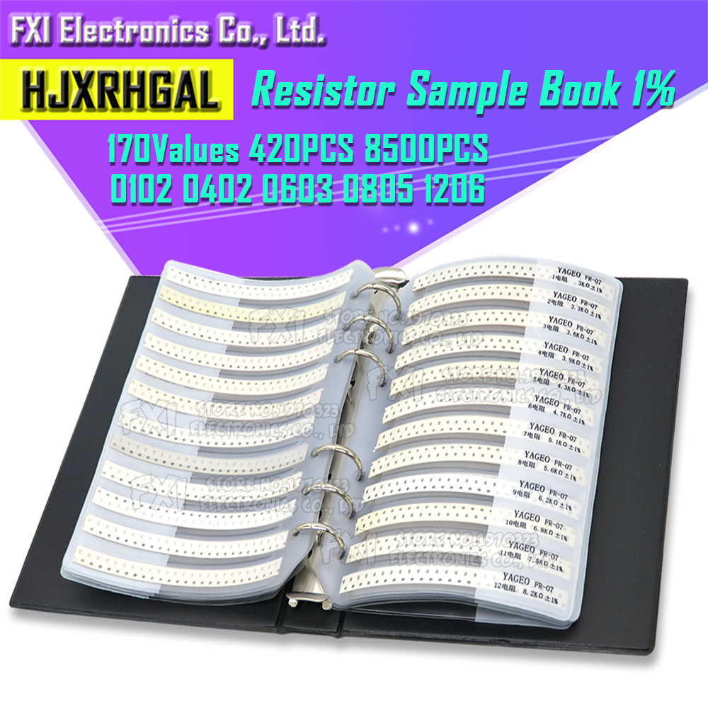 170 valores 4250 Uds 8500 Uds resistencia SMD 1% 0R ~ 10M 0201 0402 0603 0805 1206 libro de muestra resistencias surtido Kit resistencias