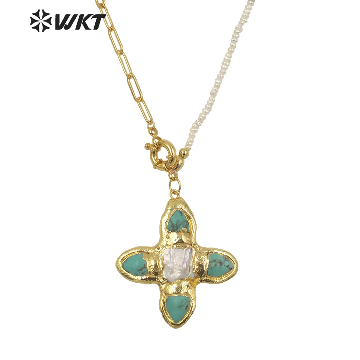 WT-JN150 WKT desain terbaru pirus alami dan mutiara campuran kalung lapis emas elegan wanita kantor rantai bentuk bunga
