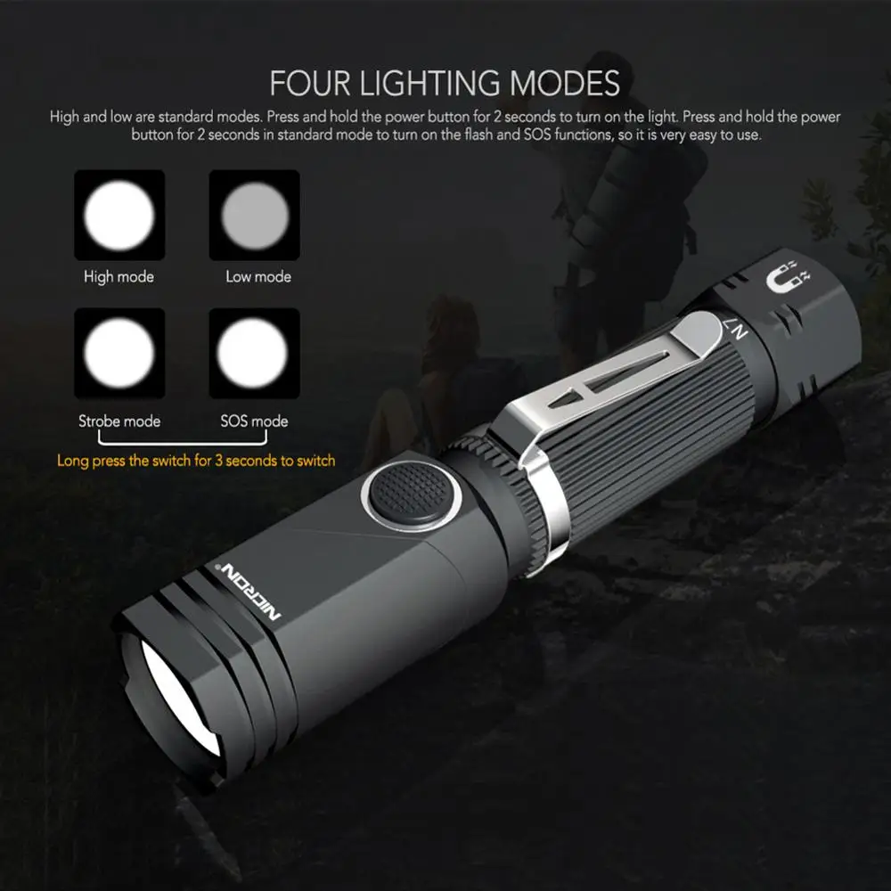 NICRON-Mini linterna Led para exteriores, dispositivo de iluminación resistente a golpe y no ajustable, con clip giratorio de 90 grados, 600LM, imán impermeable