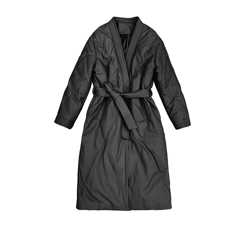 女性の本革ダウンジャケット女性シープスキンvネックチェックコートとベルトmujerミドルポケット暖かいコート厚いパーカー