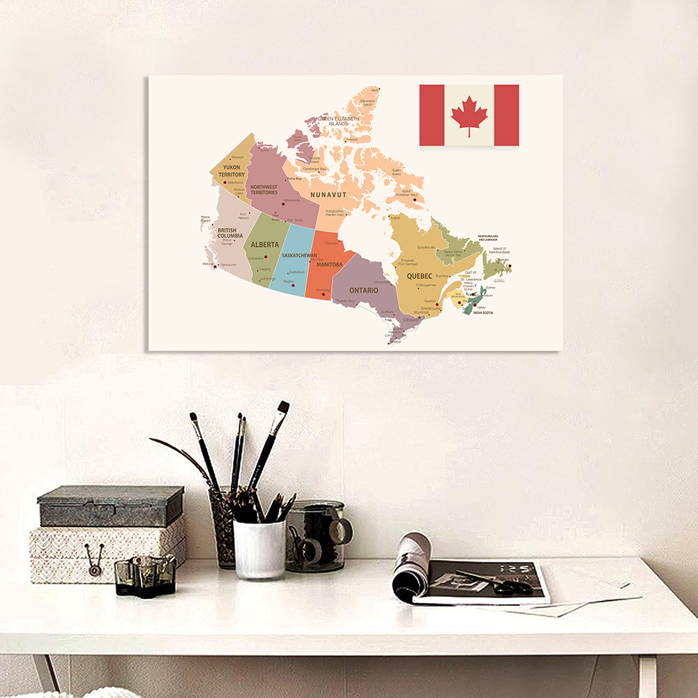 150*100Cm Canada Bản Đồ Bản Đồ Chính Trị Không Dệt Tranh Canvas Trang Treo Tường Dùng Học Lớp Học trang Trí Nhà
