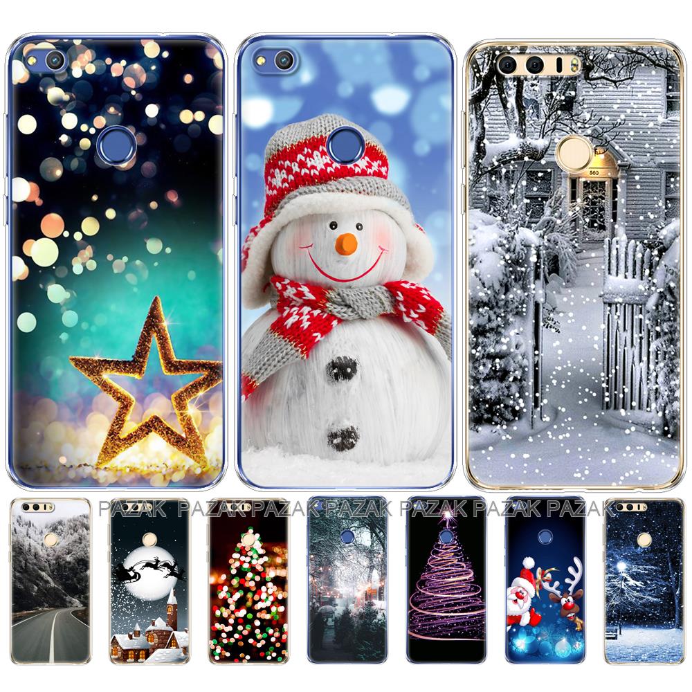 Untuk Huawei Honor 8 Lite Casing Penutup Ponsel Belakang untuk Honor 8 Silikon Lembut TPU Coque Bumper Musim Dingin Natal Pohon Salju Tahun Baru