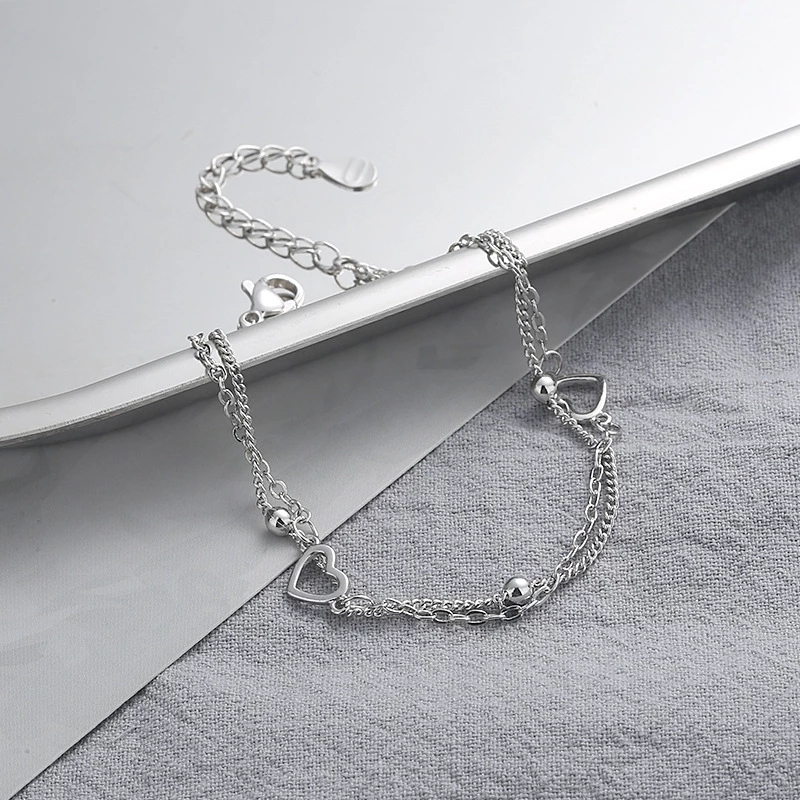 VENTFILLE Silver Double Love Heart Hollow รอบลูกปัดสร้อยข้อมือหญิงแฟชั่นเครื่องประดับโรแมนติกคลาสสิกปรับ