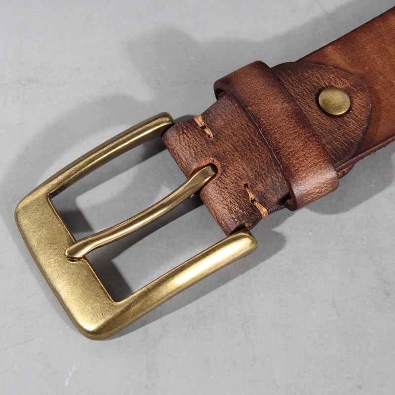 Cinturón Vintage de lujo hecho a mano de cuero con hebilla de cobre para hombre, cinturón Gotico de cuero de vaca, pantalones vaqueros informales Retro que combinan con todo, cinturón suave ABC