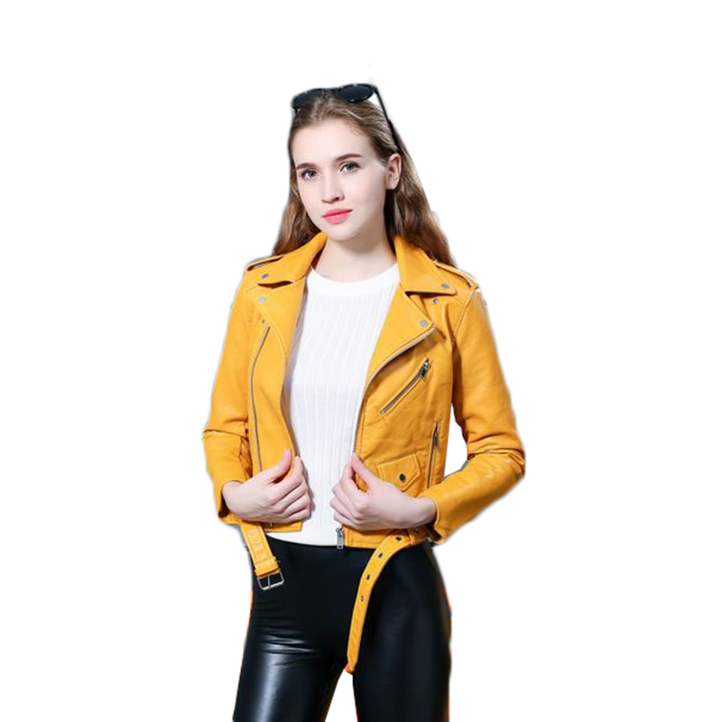 Chaqueta corta de cuero sintético para mujer, abrigo suave de motociclista, color amarillo y azul, primavera y otoño, 59