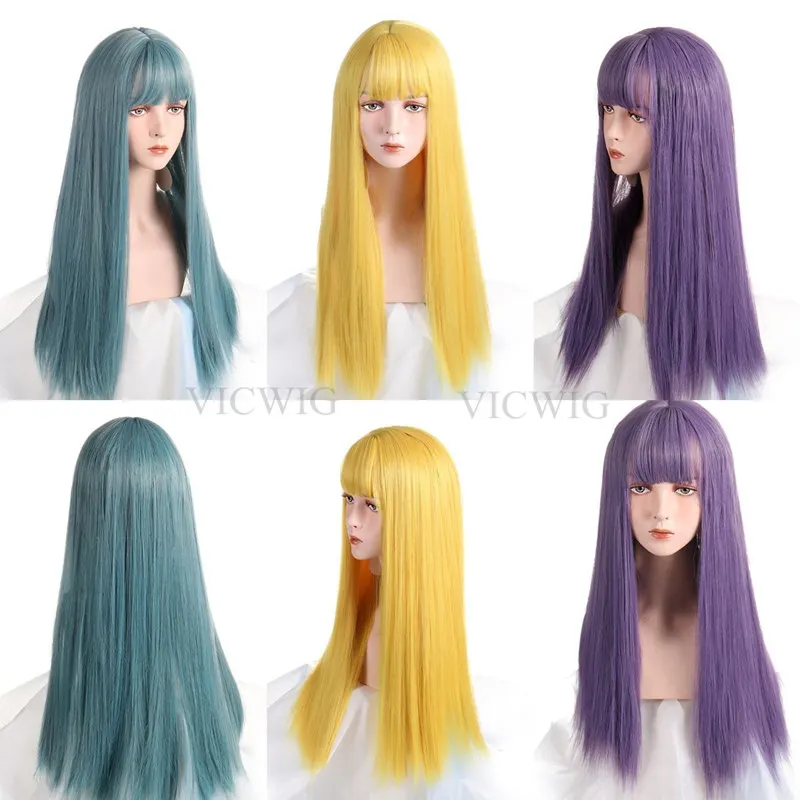 VICWIG-Peluca de Cosplay con flequillo para mujer, pelo lacio sintético, 24 pulgadas, largo, resistente al calor, color rosa