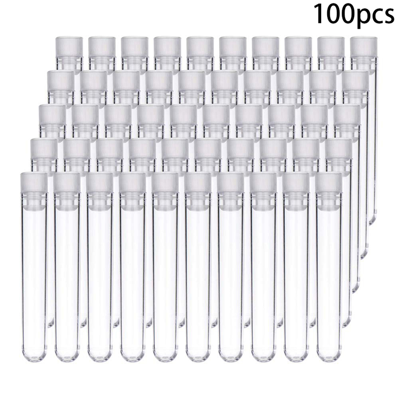 100Pcs Plastica Trasparente Provette con il Bianco Tappi A Vite Bottiglie Contenitori di Esempio Push Caps 12X75mm