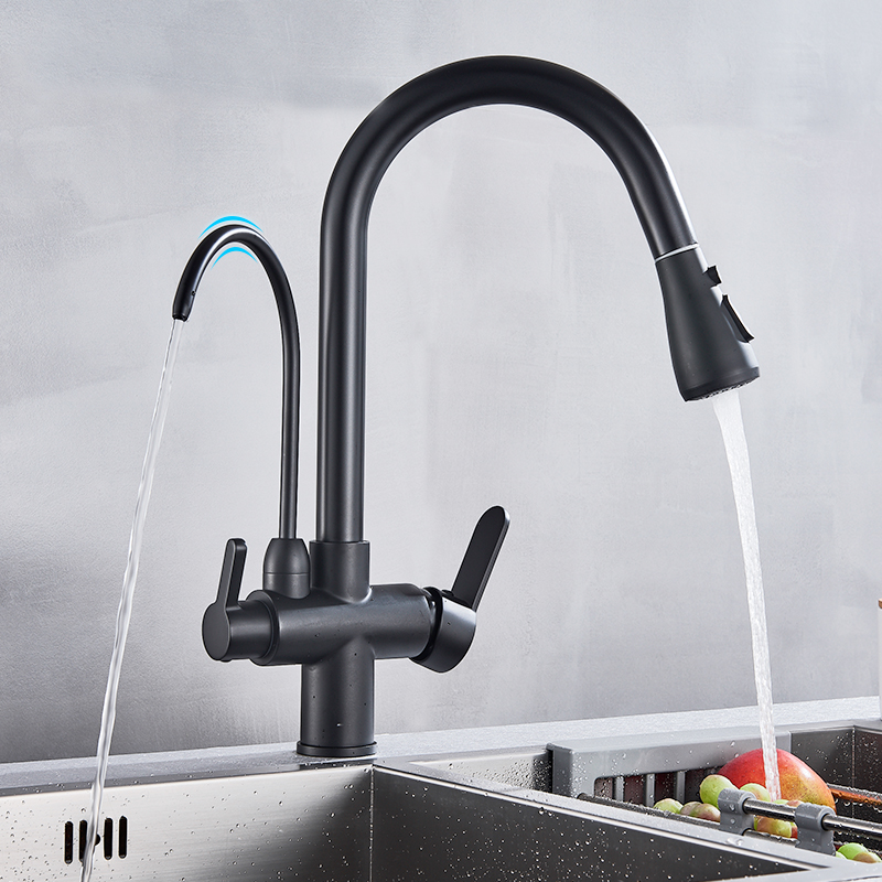 Robinet de cuisine à eau de purification noir 360 °   Robinets d'eau à filtre rotatif, pulvérisateur extractible, mitigeur d'eau chaude et froide à 3 voies