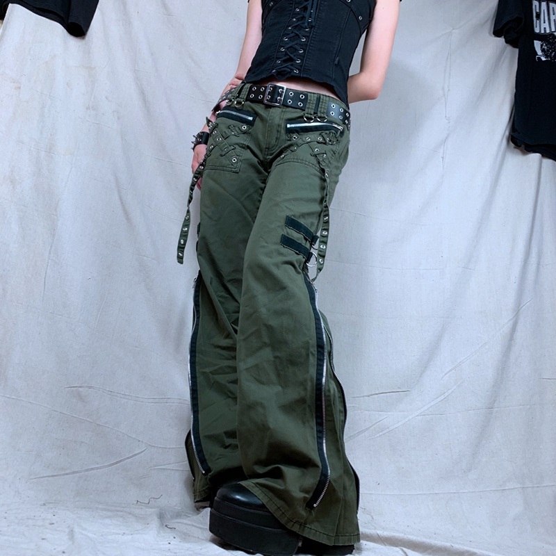 Y2k 女性グリーンジッパージーンズグランジパンクゴシックだぶだぶのレトロ包帯長ズボンローライズカーゴ韓国女性スウェットパンツ
