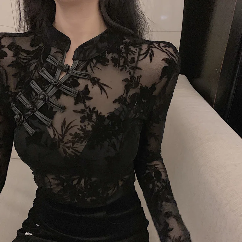女の子透明レースブラウスシャツ Tシャツ女性中国風のタートルネックヴィンテージフルスリーブ黒ブラウストップス女性のための