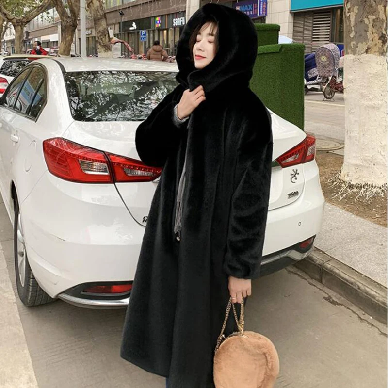 ผู้หญิงฤดูหนาวคุณภาพสูง Faux กระต่ายขนสัตว์หรูหรายาวเสื้อขนสัตว์หลวม OverCoat หนา PLUS ขนาดหญิง Plush Coats