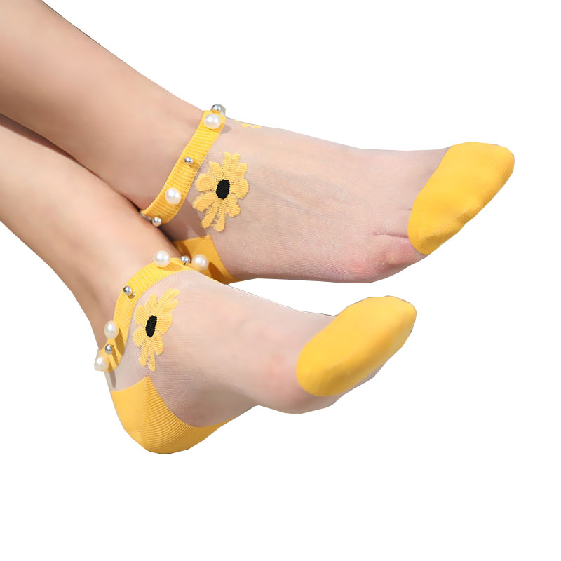 Kaus Kaki Pergelangan Kaki Mutiara Wanita Fashion Musim Panas Kaus Kaki Pendek Sutra Renda Bordir Daisy Transparan Paket Wanita Imut Носкенска Meias