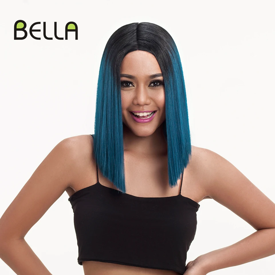 Bella วิกผมสังเคราะห์ลูกไม้ 14 นิ้วผมสั้น BOB วิกผมสีเทาสีขาวสีฟ้าสีดําไหล่วิกผมสําหรับผู้หญิงสีดําลูกไม้ Part คอสเพลย์วิกผม