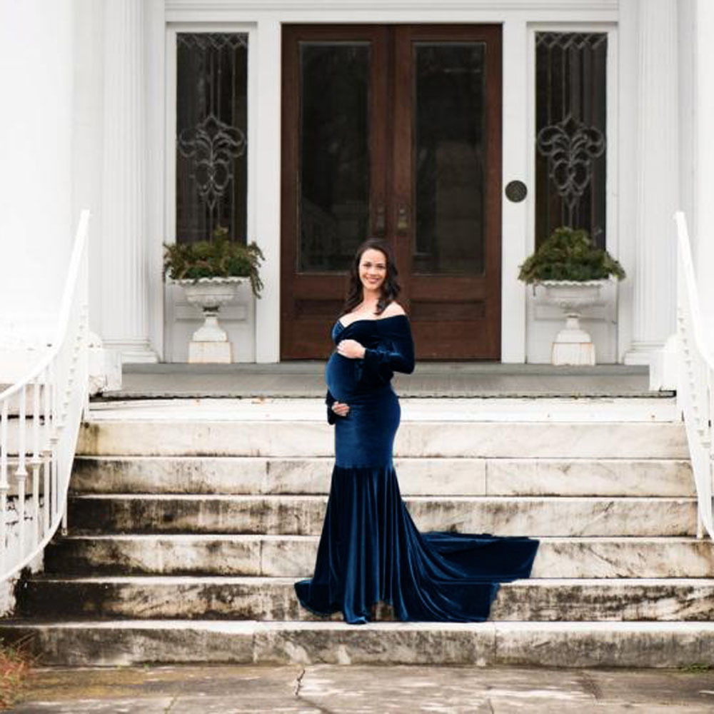 Gaun Fotografi Bersalin Wanita Baru Gaun Panjang Sutra Susu Panjang Selantai untuk Gaun Seksi Kehamilan V-neck Baju Hamil Biru