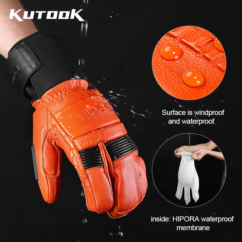 KUTOOK 冬スキー手袋防水ヤギ皮レザースノーボードスノーモービル手袋暖かい雪スキーミトン防風調節可能な