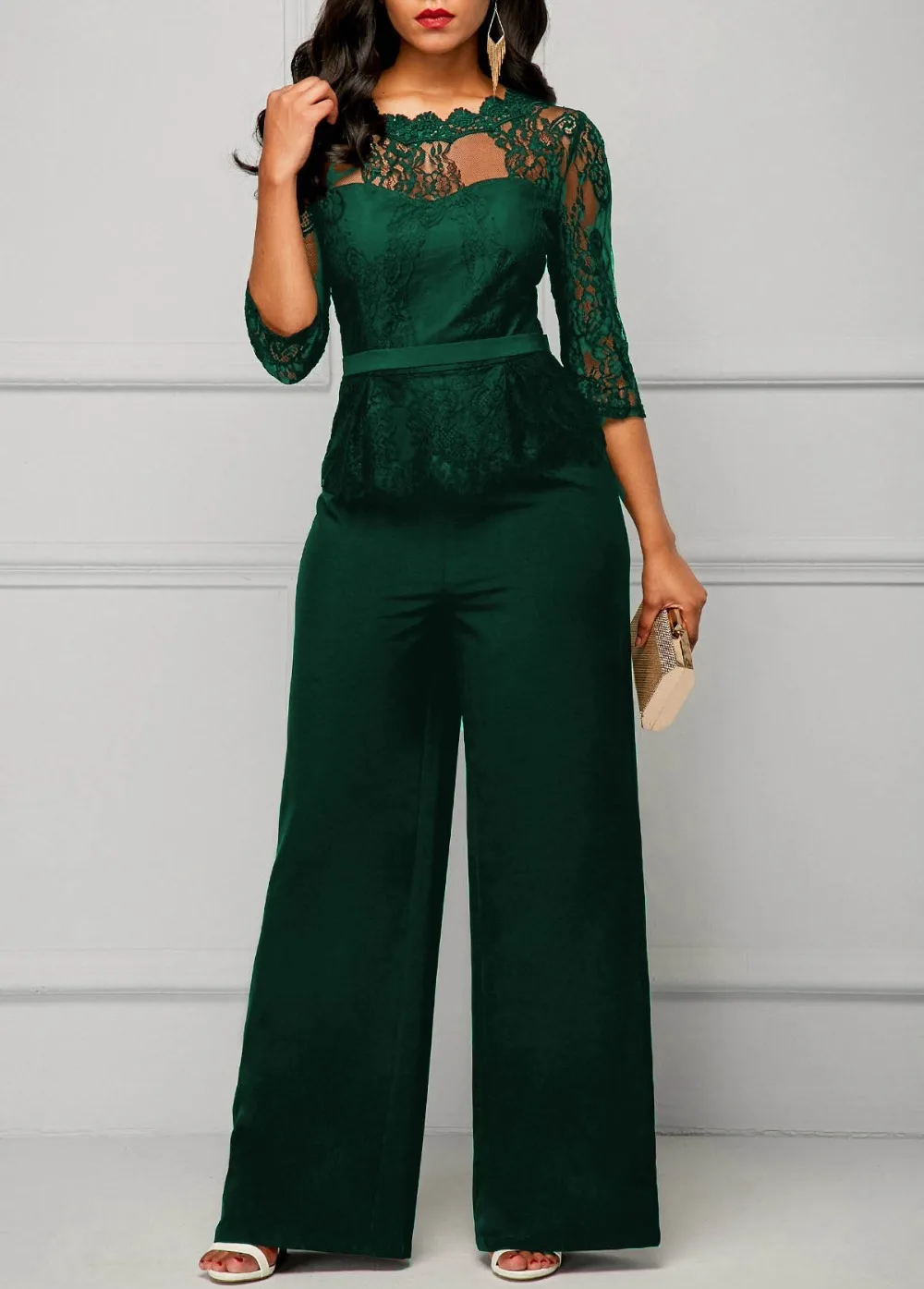 Elegant เซ็กซี่ Jumpsuits ผู้หญิงแขนยาวลูกไม้ Patchwork Jumpsuit กางเกงหลวมกางเกงขากว้าง Rompers วันหยุดสีดํา Overalls