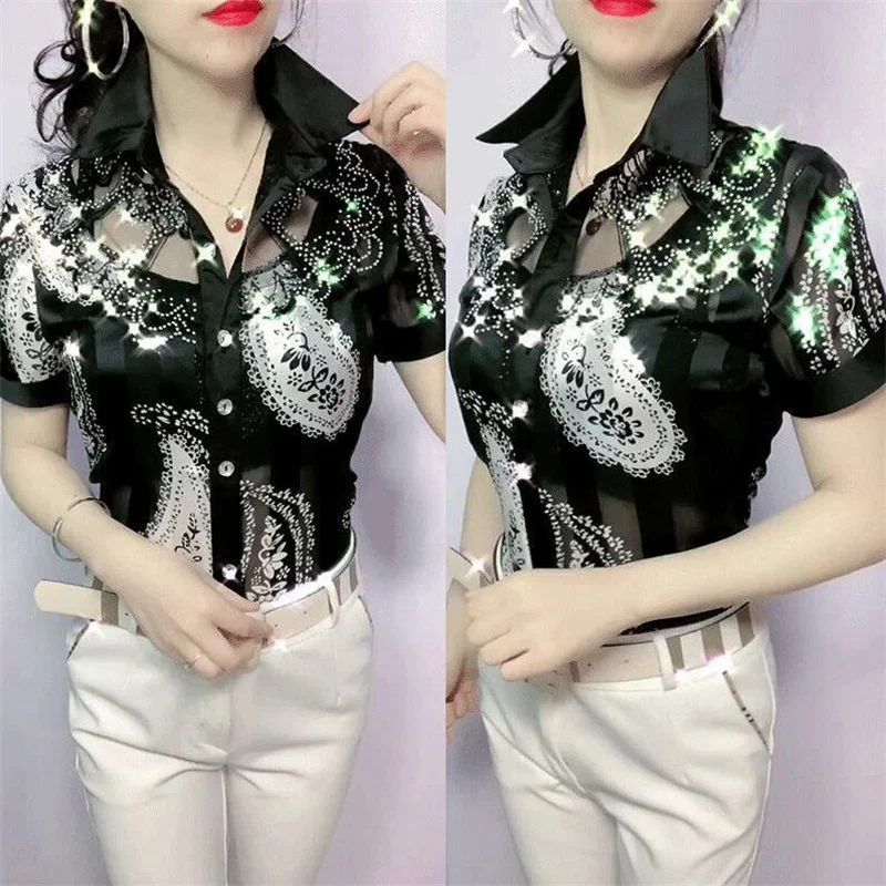 Đồng Hồ Nữ Áo Mùa Hè Ren Áo Sơ Mi Voan Lưng Khâu In Có Nút Blusas Offce Nữ Áo Sơ Mi Chemises Fleurs