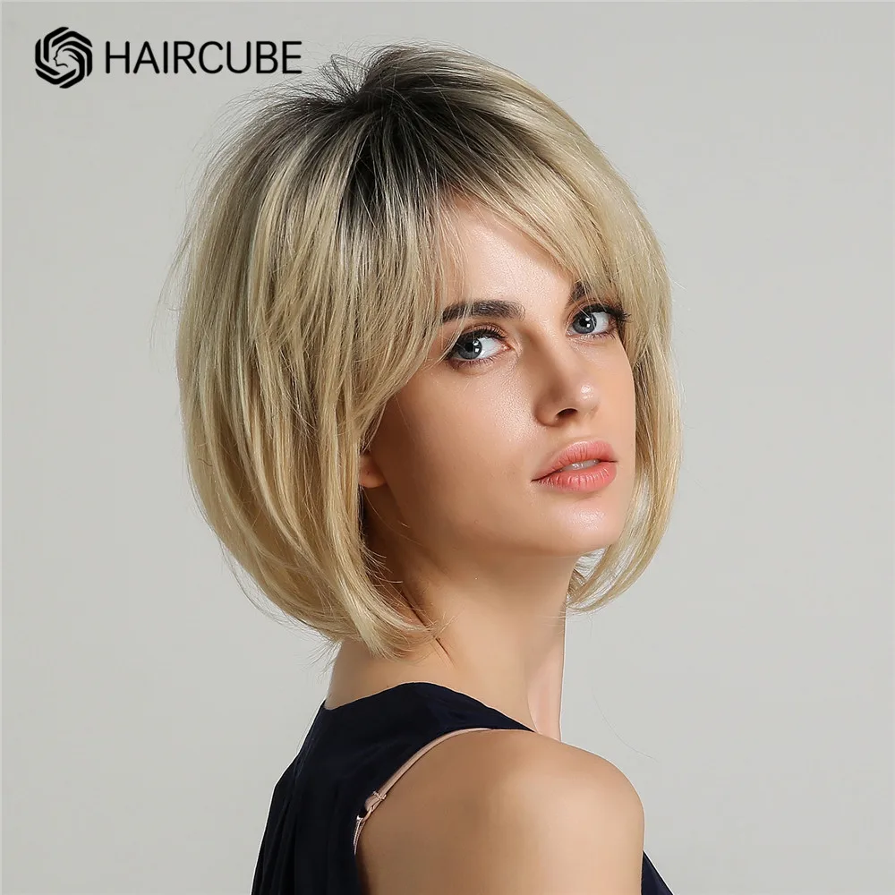 HAIRCUBE สั้น Ombre วิกผมสีบลอนด์ Bangs สำหรับสีขาวธรรมชาติทุกวัน Bob Wigs มนุษย์ผสมเส้นใยสังเคราะห์ความร้อนทน