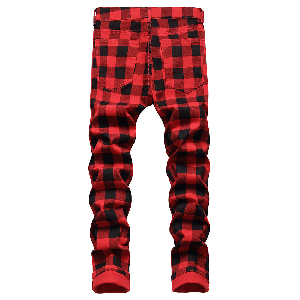 Männer Rot Plaid Gedruckt Hosen Mode Schlank Stretch Jeans Trendy Plus Größe Gerade Hosen