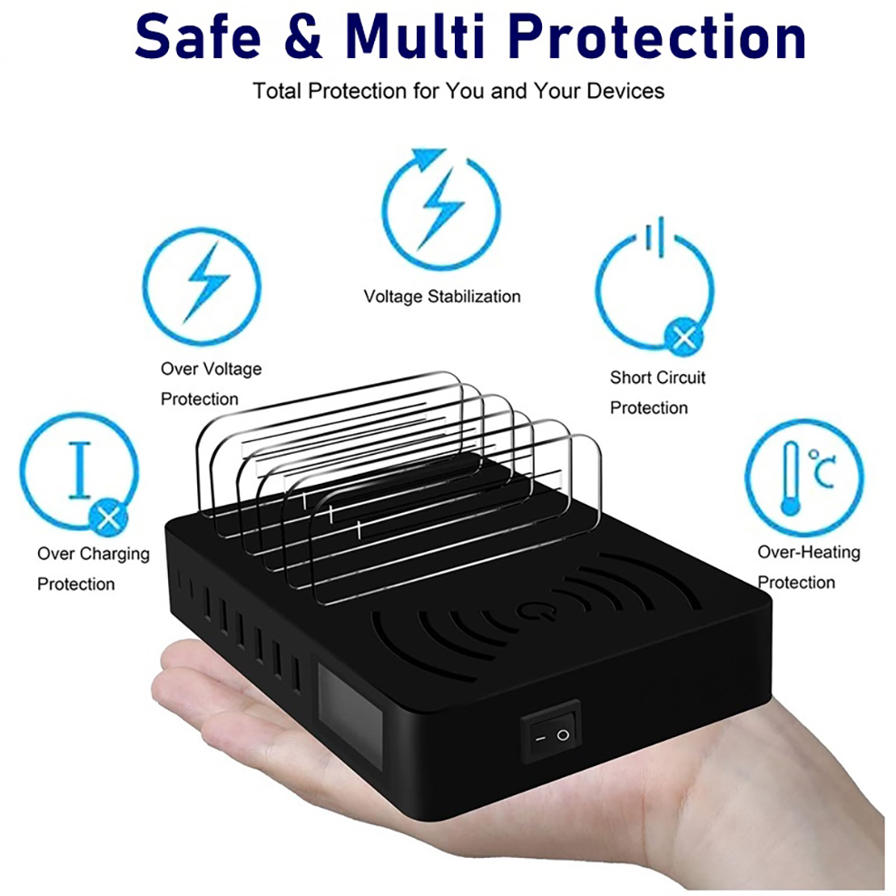 Pengisi Daya Multi USB Qi Dudukan Pengisi Daya Nirkabel Cepat untuk iPhone 12 13 11 Pro Max XS XR Samsung S21 Ultra S20 Fe S10 S9 Note20 10 Plus Xiaomi HUAWEI Redmi Stasiun Dok Pengisi Daya Cepat Tampilan LCD