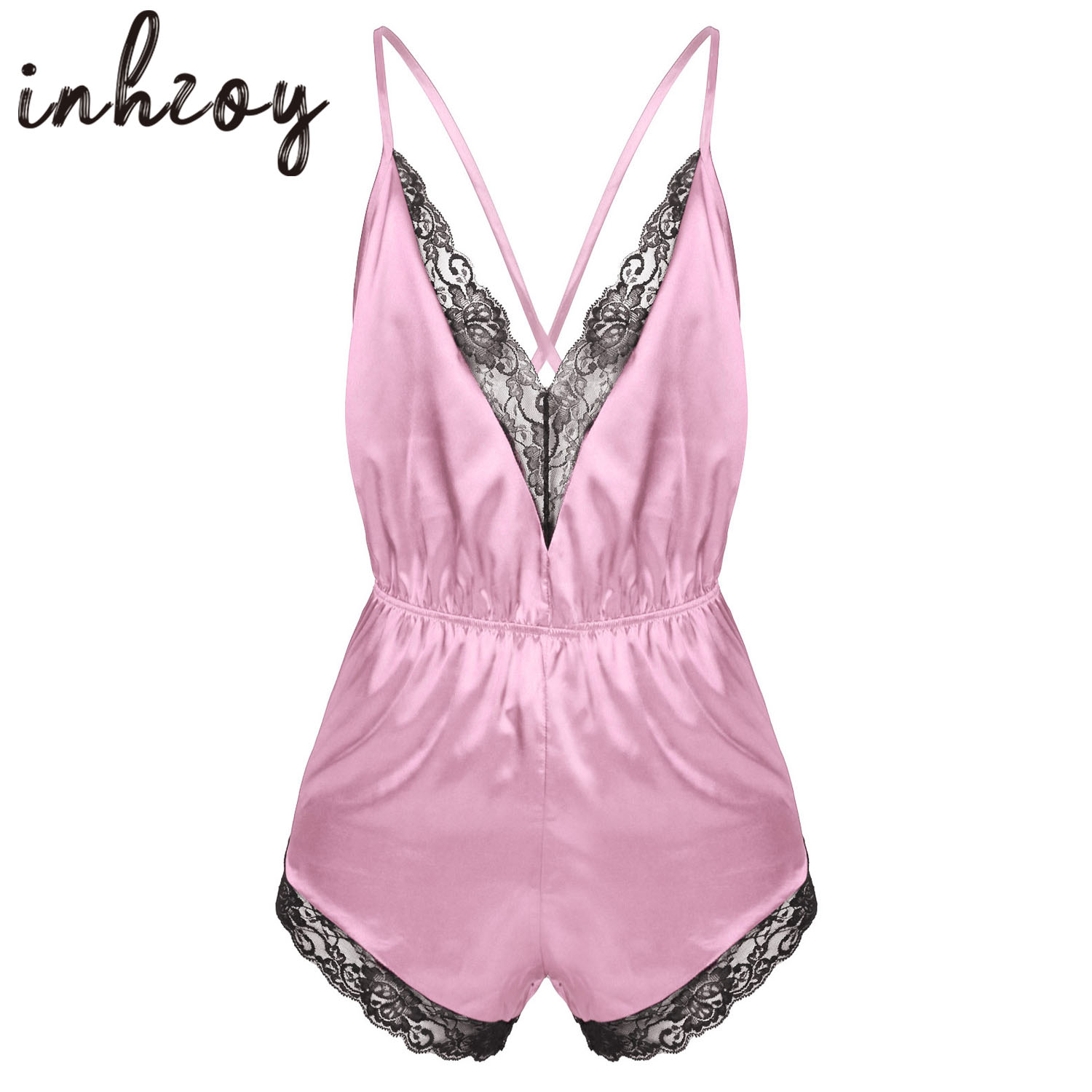 Body de satén Sissy para hombre, mono Babydoll de encaje cruzado con espalda cruzada, pijama, ropa de dormir
