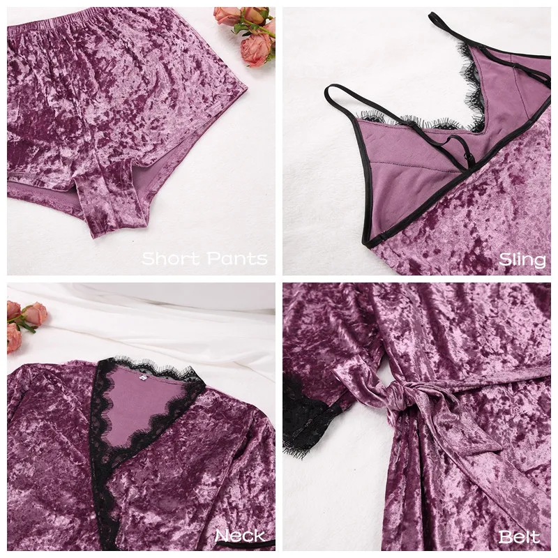 Kupikasi 3 Buah Set Piyama Wanita Beludru Jubah Renda Seksi Musim Gugur Musim Dingin Pakaian Tidur Wanita Celana Pendek Selempang Warna Kotor Pakaian Santai