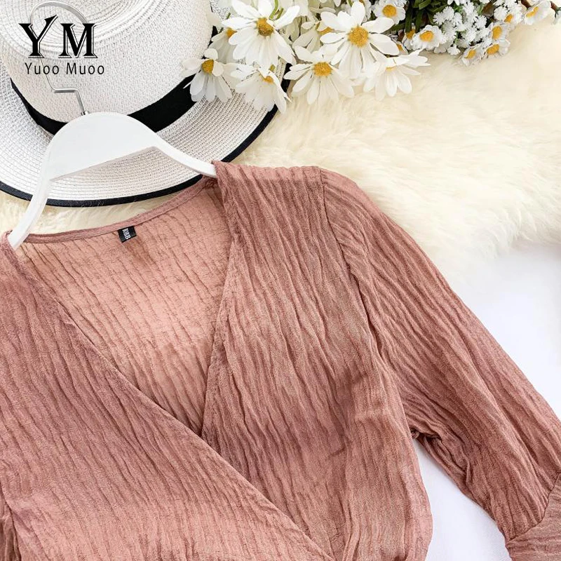 YuooMuoo Sashes ผ้าพันคอฤดูใบไม้ร่วงผู้หญิงเสื้อ 2019 V คอเกาหลีสไตล์ Ruffle เสื้อผู้หญิงแขนยาวชีฟอง TOP