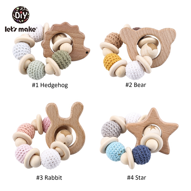 Lassen sie Machen 1PC Holz Beißring Hedgehog Häkeln Perlen Holz Handwerk Ring Engraved Bead Baby Beißring Holz Spielzeug Für baby Rassel