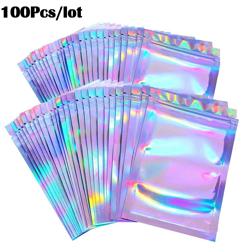 100 pçs/lote iridescente zip lock sacos malotes cosméticos plástico laser zíper plástico embalagem de varejo poli malotes ziplock sacos