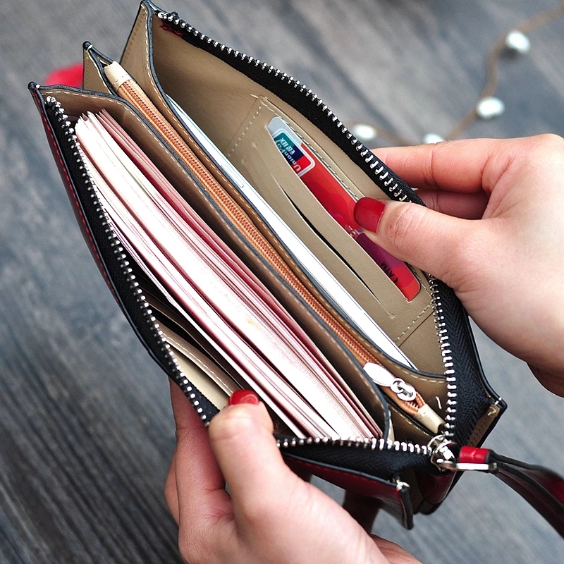 Cartera de mano de cuero PU con cera de aceite Vintage para mujer, monedero para teléfono de gran capacidad, pulsera para mujer, tarjetero Simple