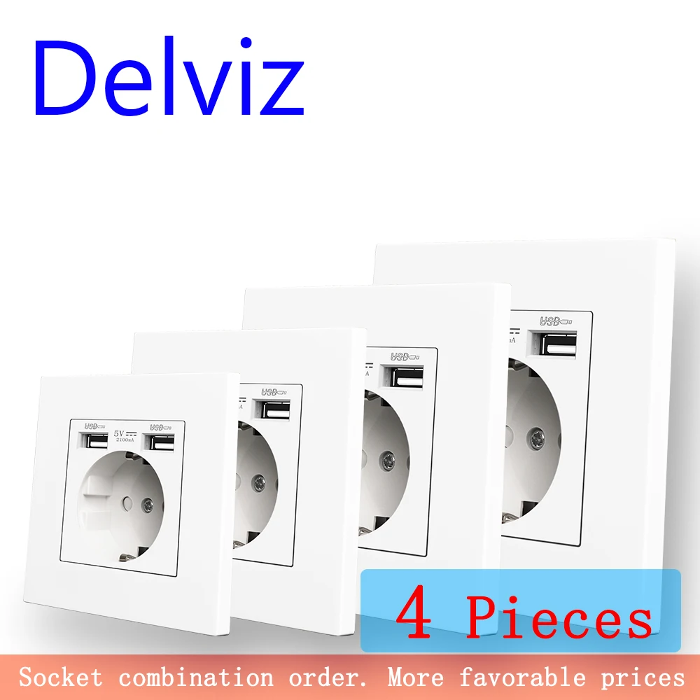 Delviz tomada de carregamento usb dupla, tomada de alimentação ac 110 ~ 250v, painel de material de pc branco, interface usb 2a, tomada de parede padrão da ue 16a