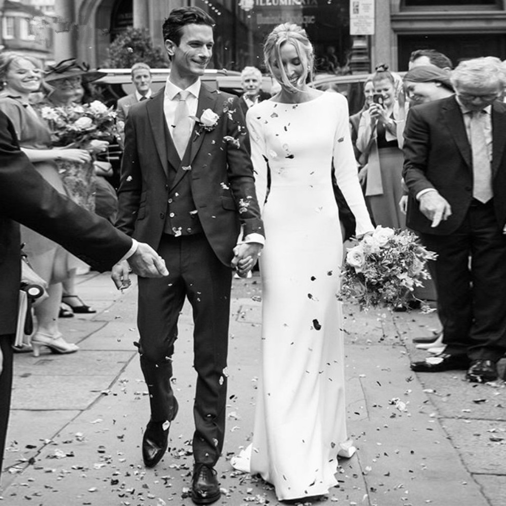 DREAM Customized Crepe Simple Sheath Wedding Dresses 2025 Long Sleeve Elegant Bridal Dress Open Back Bride Floor Length Gown