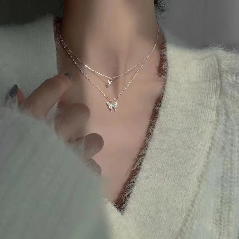 ใหม่เงาสร้อยคอผีเสื้อสุภาพสตรีประณีต Double Layer Clavicle CHAIN สร้อยคอเครื่องประดับสําหรับสุภาพสตรีของขวัญ