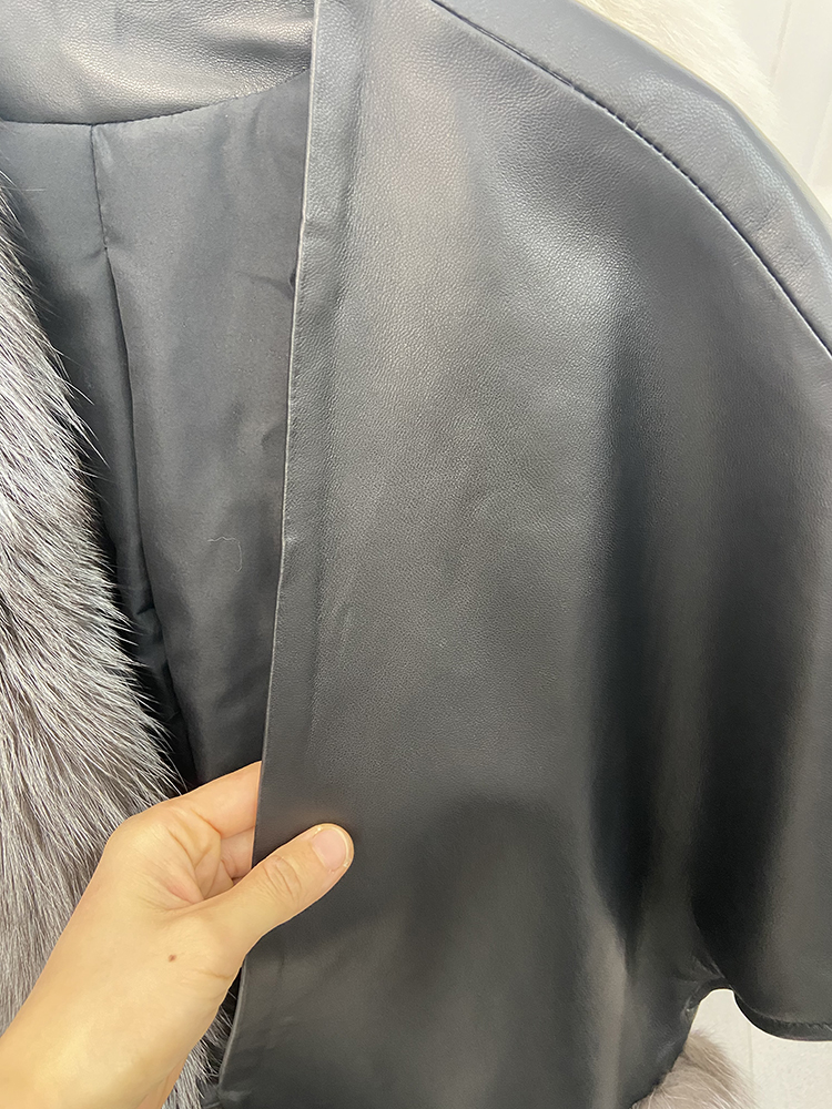 Spring High Quality Luxury Women Female Real Silver Fox Fur Genuine Sheepskin Leather Oversize Loose Short Sleeve Coat