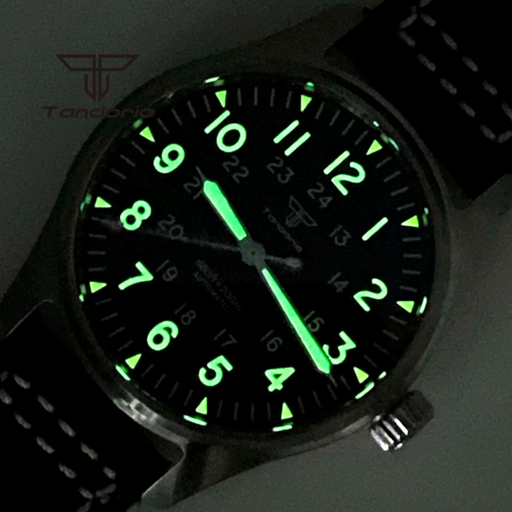 Tandorio 39 mm NH35A 20 bar automatische Tauchpiloten-Herrenuhren, Saphirglas, grünes Leuchtzifferblatt, Lederarmband, Schraubkrone