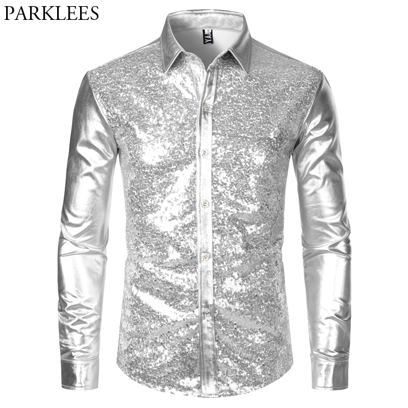Camisa con purpurina y lentejuelas metálicas plateadas para hombre, disfraz de fiesta de discoteca de los años 70, disfraz de Halloween, camisa puesta en escena para hombre 2023