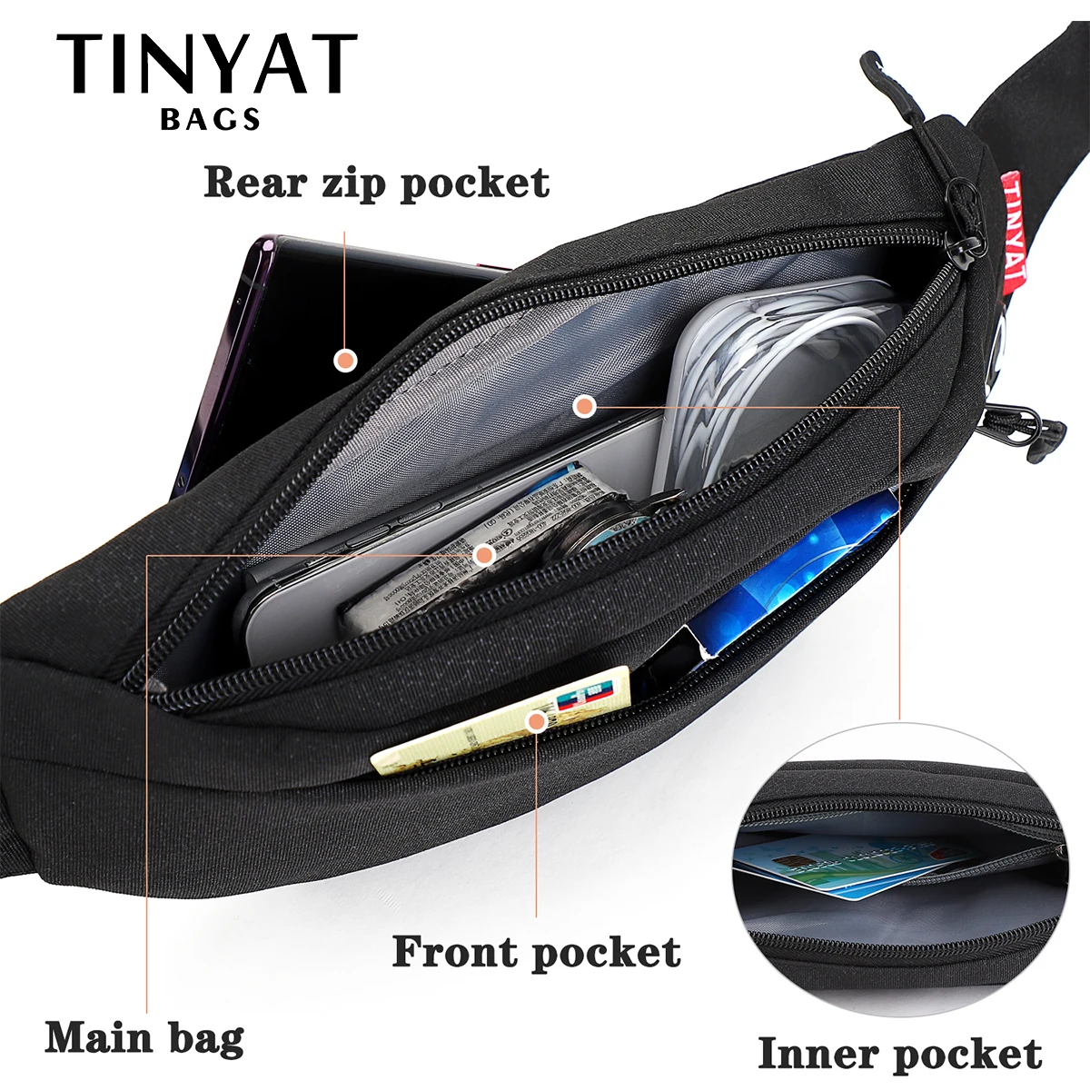 TINYAT ผู้ชายเอวกระเป๋าแพ็คกระเป๋าสบายๆโทรศัพท์ขนาดใหญ่กระเป๋าเข็มขัดกระเป๋าผู้หญิงผ้าใบกระเป๋าเดินทาง Fanny กล้วยกระเป๋าสะโพก 4 กระเป๋า