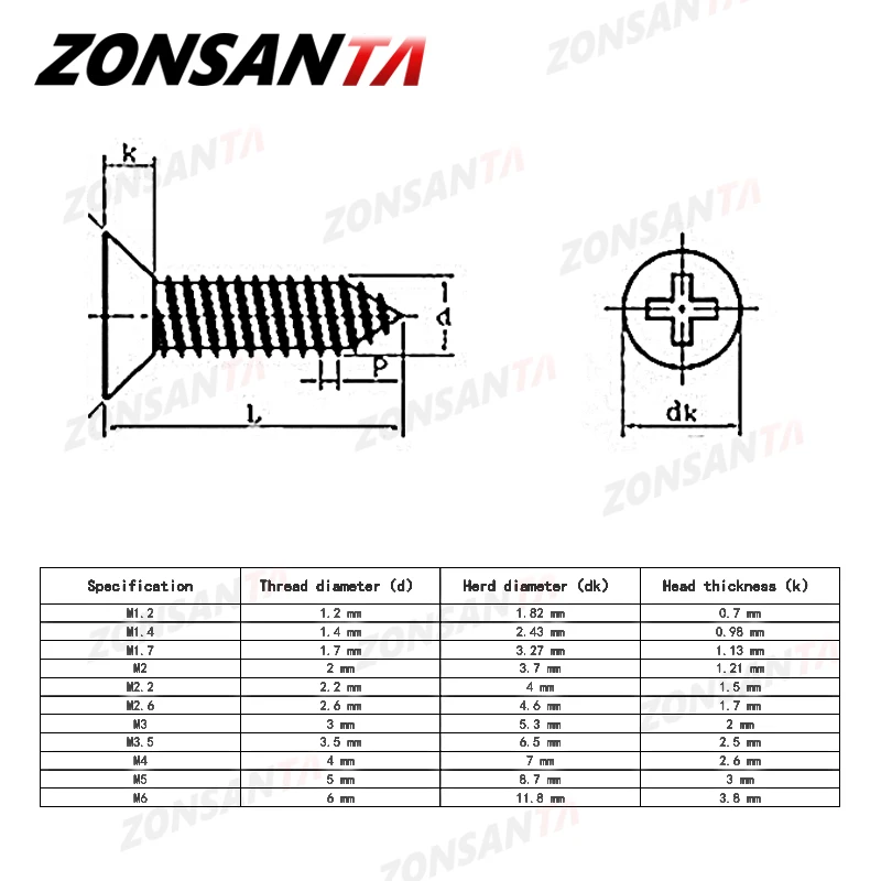 ZONSANTA M1.4 M1.7 M2 M2.3 M2.6 M3 M4 M5 M6 304 Нержавеющая сталь Винты с потайной головкой и крестообразной головкой Винт по дереву
