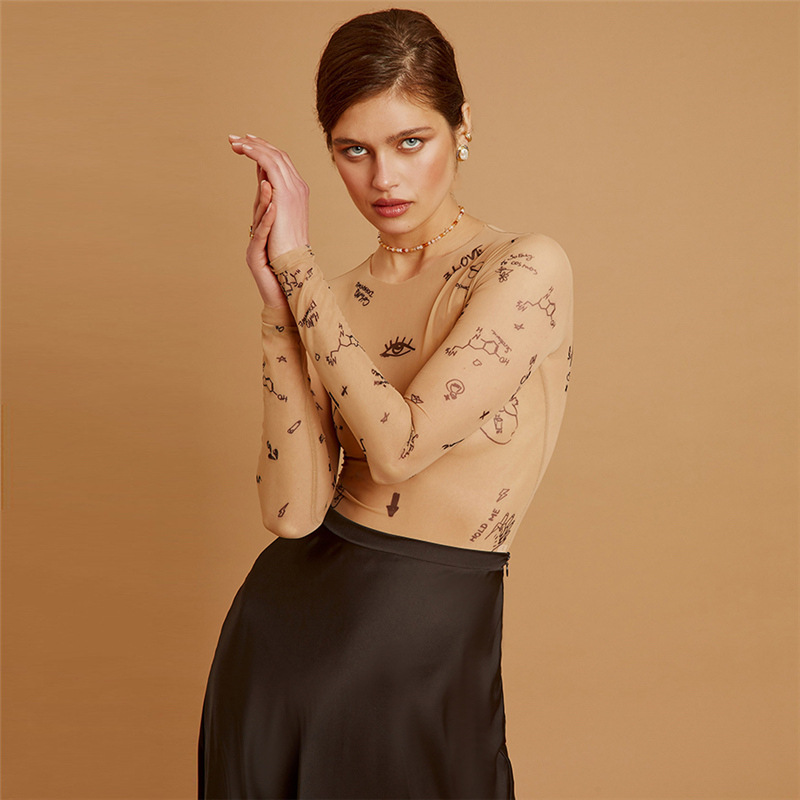 Sexy tight-fitting one-piece Top Women Long-Sleeved Bodysuits O-Neck Basic Party Wear Print Summer Wild Slim Bodysuits