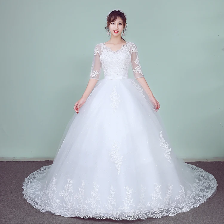 Abito da sposa 2019 l'elegante mezza manica Sexy scollo a v corte treno abito da ballo principessa abiti da sposa in pizzo Vintage Plus Szie